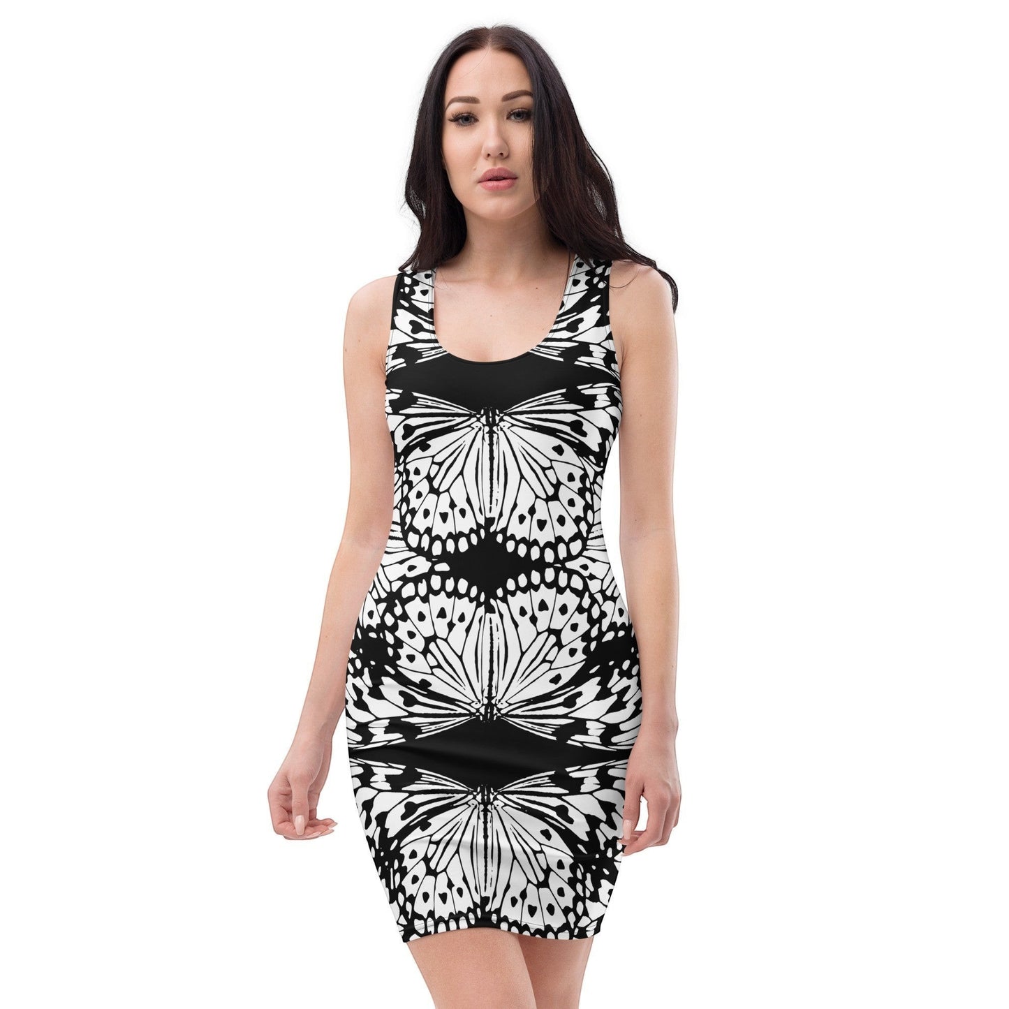 65mcmlxv black and white sleeveless butterfly print bodycon dress