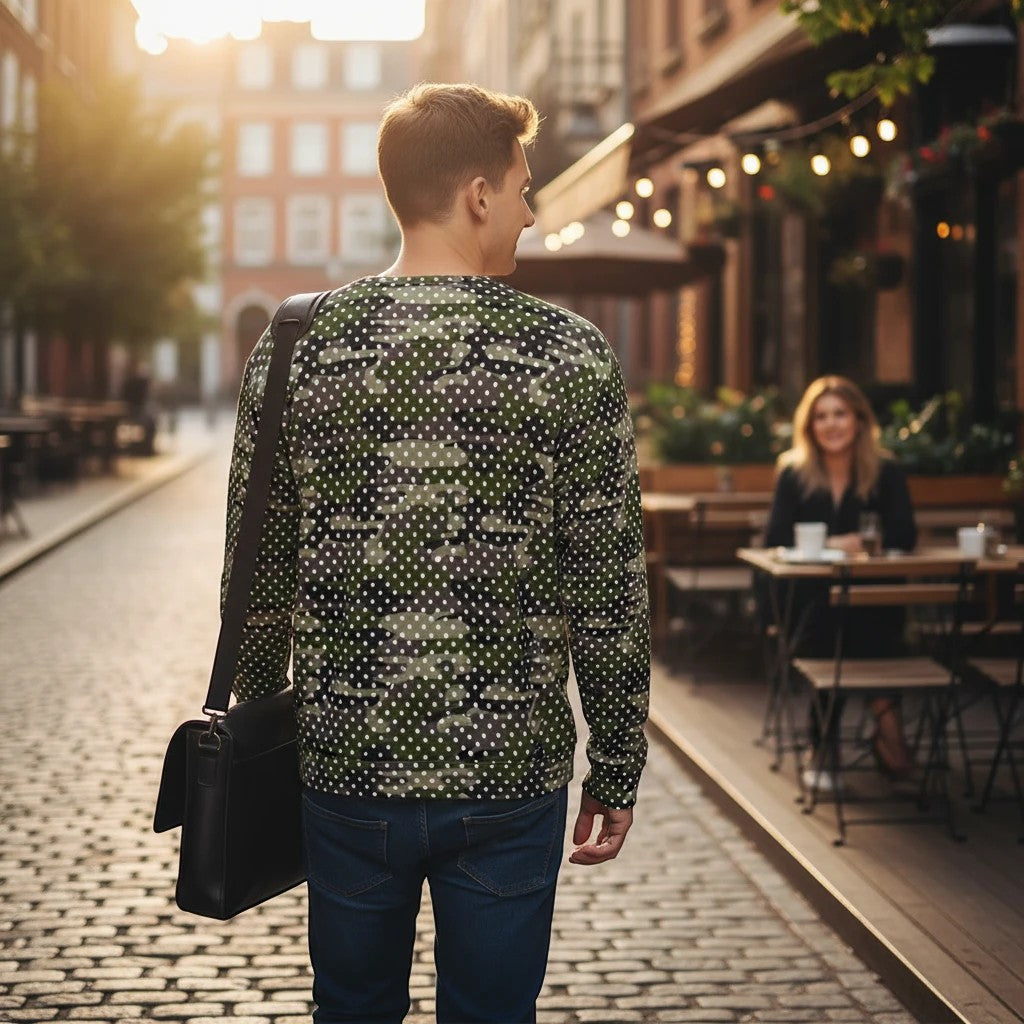65mcmlxv unisex green camouflage and white polka dot print fleece sweatshirt