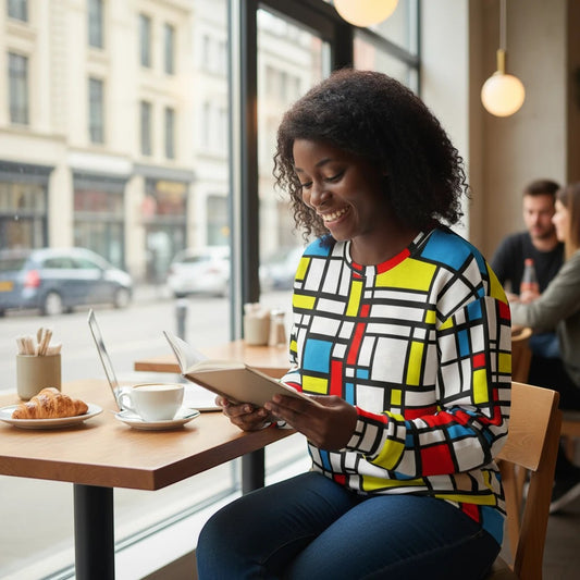 65 MCMLXV women's Mondrian-inspired color block print sweatshirt made from polyester, cotton, and spandex blend.