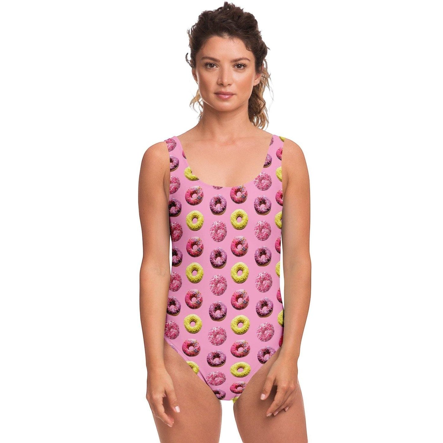 65mcmlxv women's pink one-piece swimsuit with a scattered doughnut print. Made of polyester and spandex with UPF 50+ protection.
