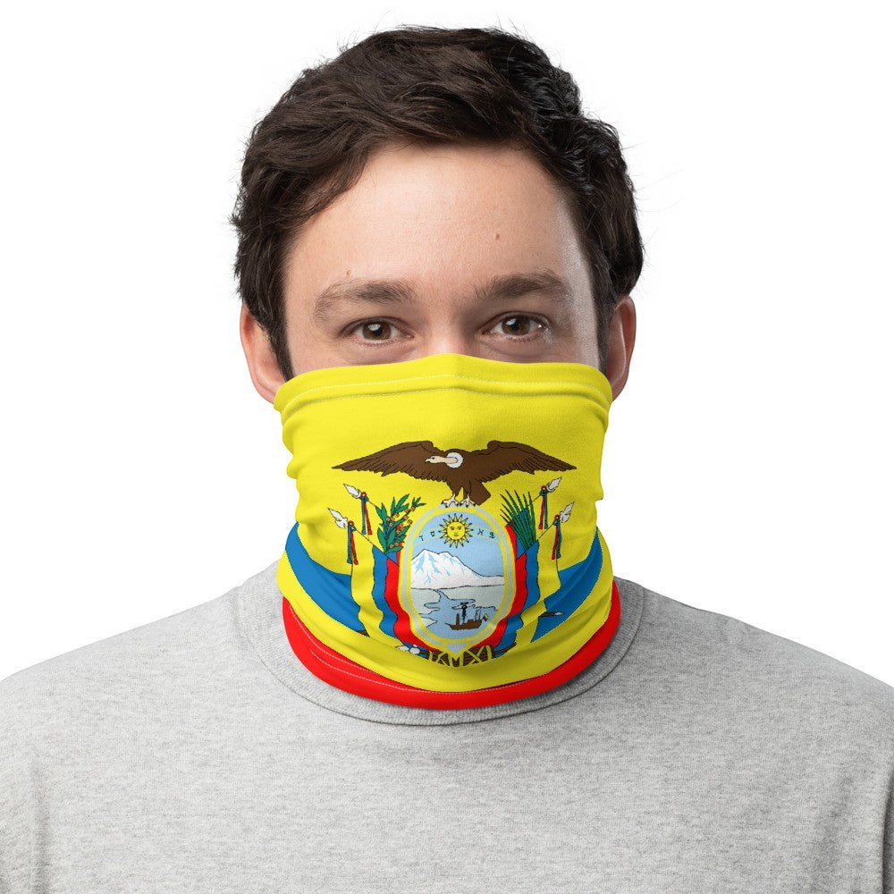 65mcmlxv Unisex Ecuador flag print neck gaiter, yellow with coat of arms, blue and red stripes. Versatile accessory.