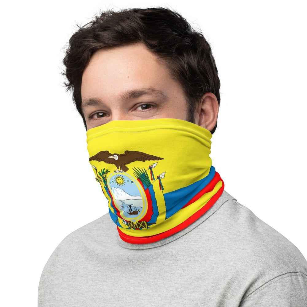 65mcmlxv Unisex Ecuador flag print neck gaiter, versatile accessory made of smooth, breathable stretch fabric.