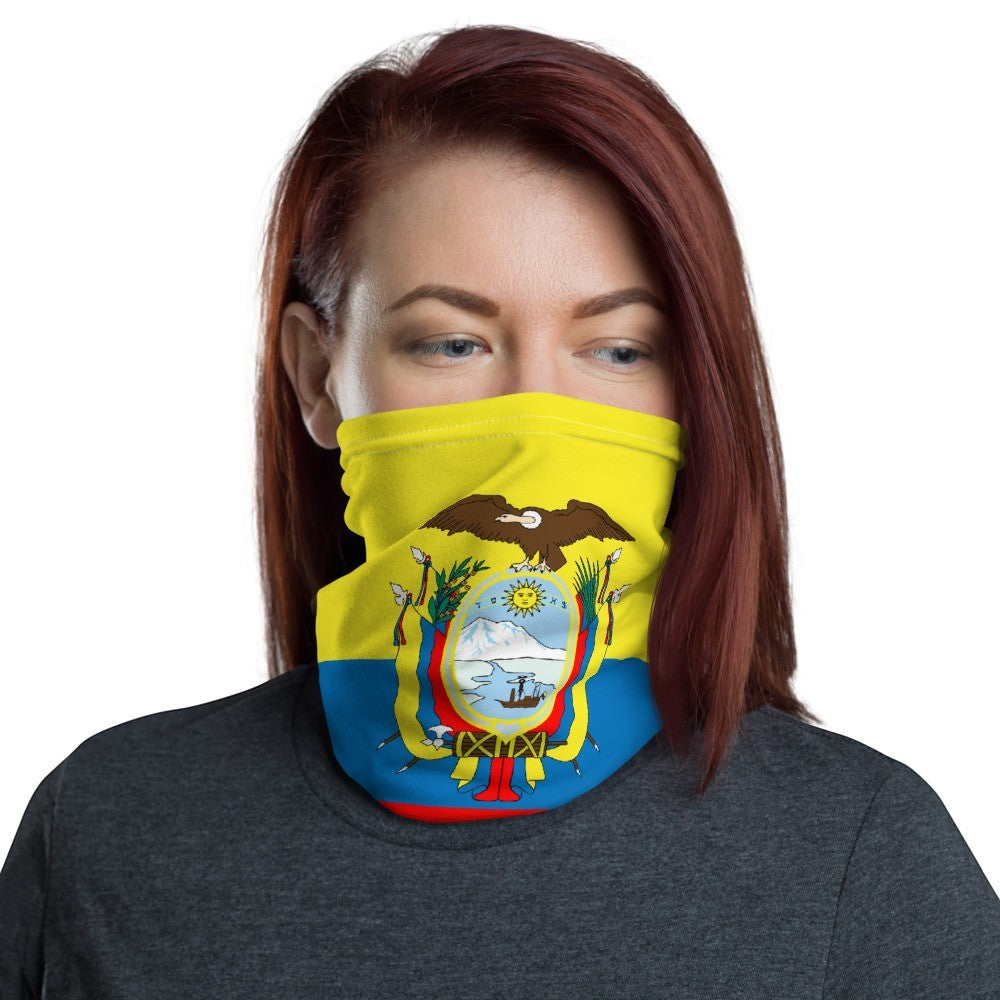 65mcmlxv Unisex Ecuador flag print neck gaiter, yellow, blue, and red with coat of arms. Versatile accessory for face, head, or neck.