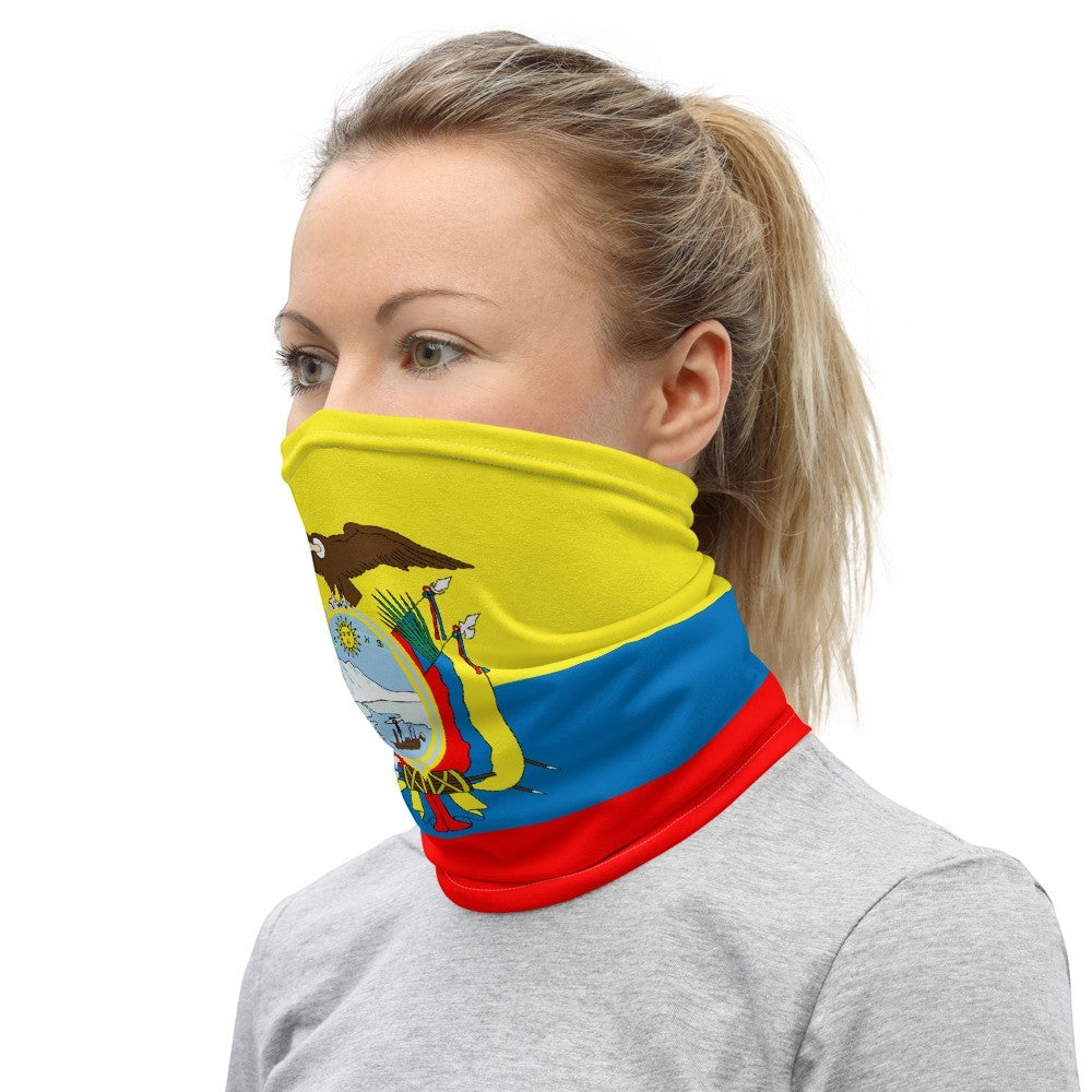 65mcmlxv unisex neck gaiter with Ecuador flag print, yellow, blue, and red stripes, and coat of arms.
