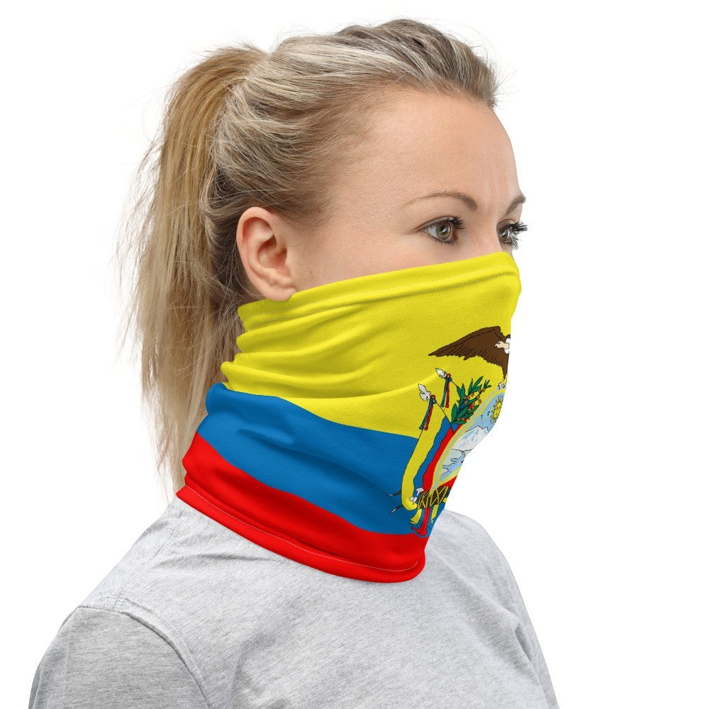 65mcmlxv unisex neck gaiter with Ecuador flag print, yellow, blue, and red stripes.