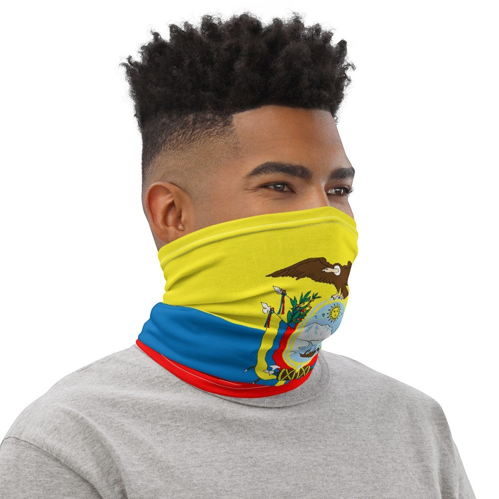 65mcmlxv Unisex Ecuador flag print neck gaiter, yellow with blue and red trim. Polyester blend.