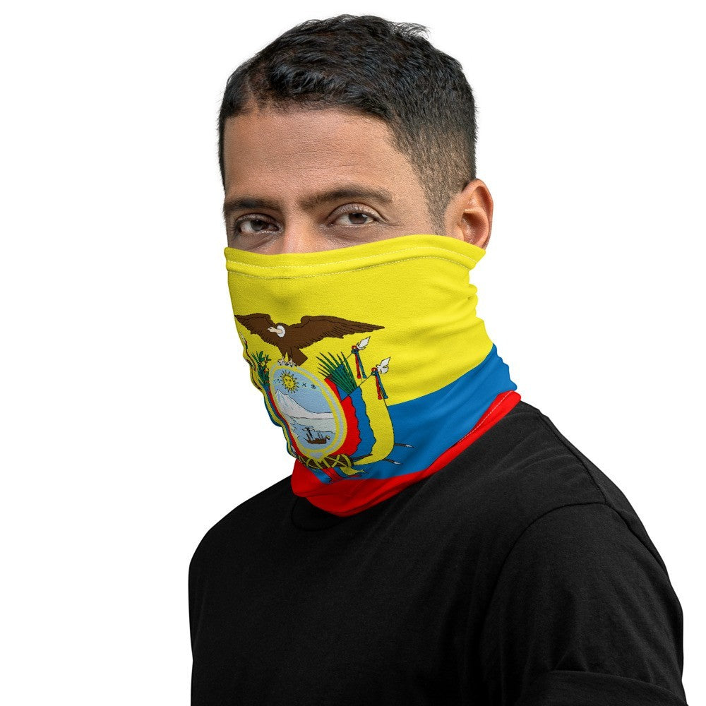 65mcmlxv Unisex neck gaiter with Ecuador flag print, yellow, blue, and red colors. Versatile accessory.