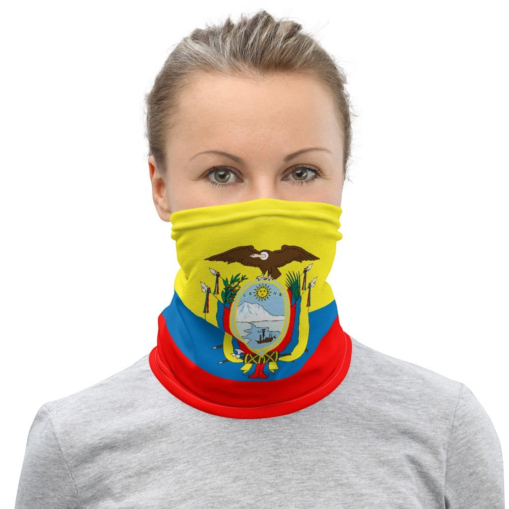 65mcmlxv Unisex neck gaiter with Ecuador flag print. Yellow, blue, and red design with coat of arms.