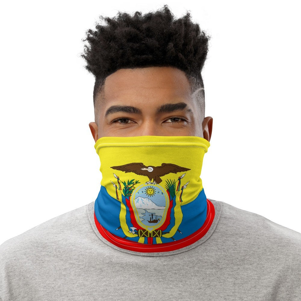 65mcmlxv unisex neck gaiter with Ecuador flag print, yellow, blue, and red.