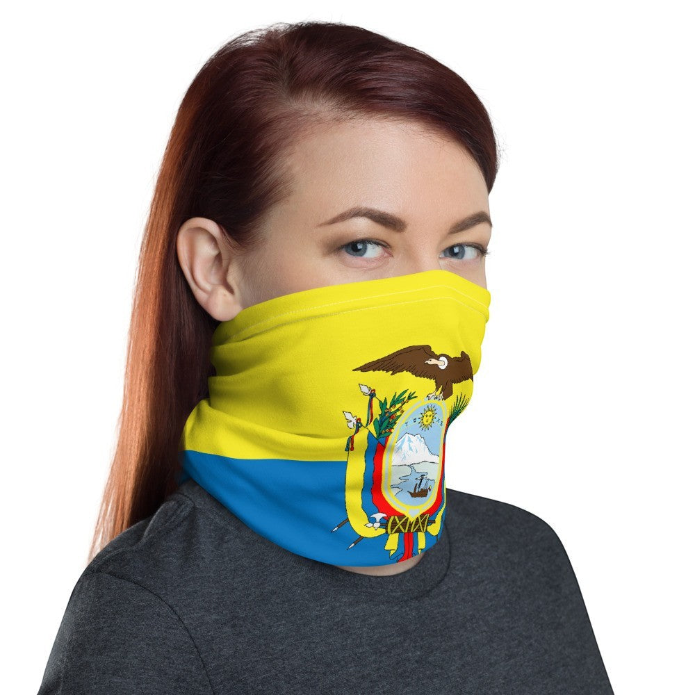 65mcmlxv Unisex neck gaiter with Ecuador flag print, yellow and blue with coat of arms.