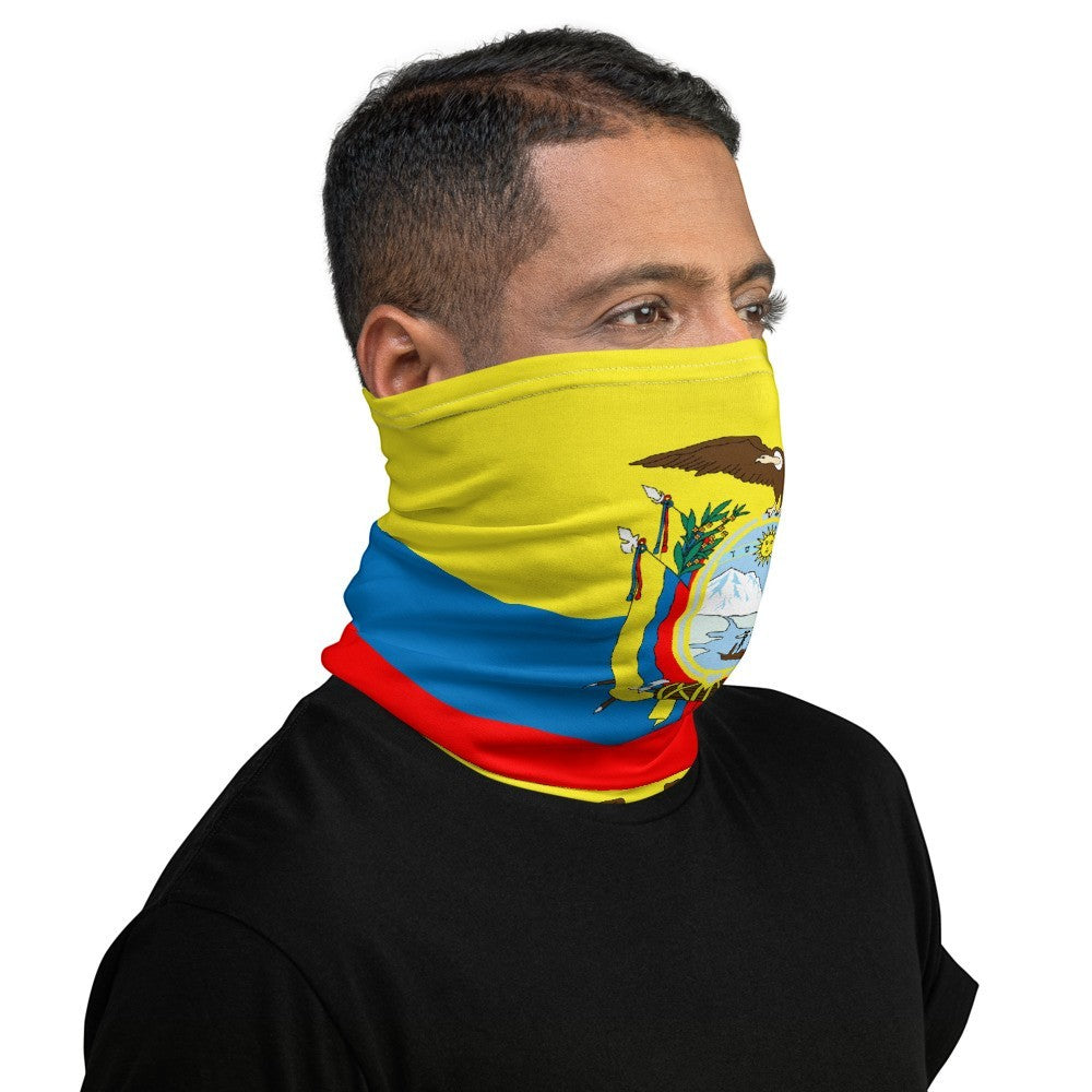 65mcmlxv Unisex neck gaiter with Ecuador flag print, yellow, blue, and red stripes, and coat of arms.