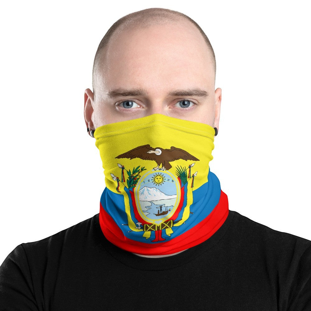 65mcmlxv Unisex neck gaiter with Ecuador flag print, yellow, blue, and red colors. Versatile accessory.