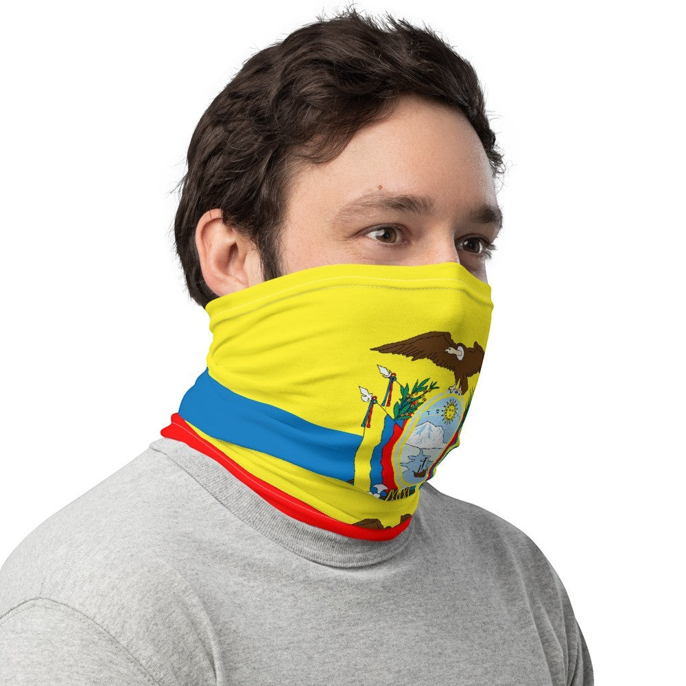 65mcmlxv Unisex Ecuador flag print neck gaiter, a versatile accessory made of stretchy, breathable polyester-spandex blend.