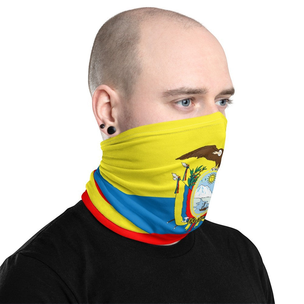 65mcmlxv Unisex Ecuador flag print neck gaiter, a versatile accessory with yellow, blue, and red stripes and the coat of arms.