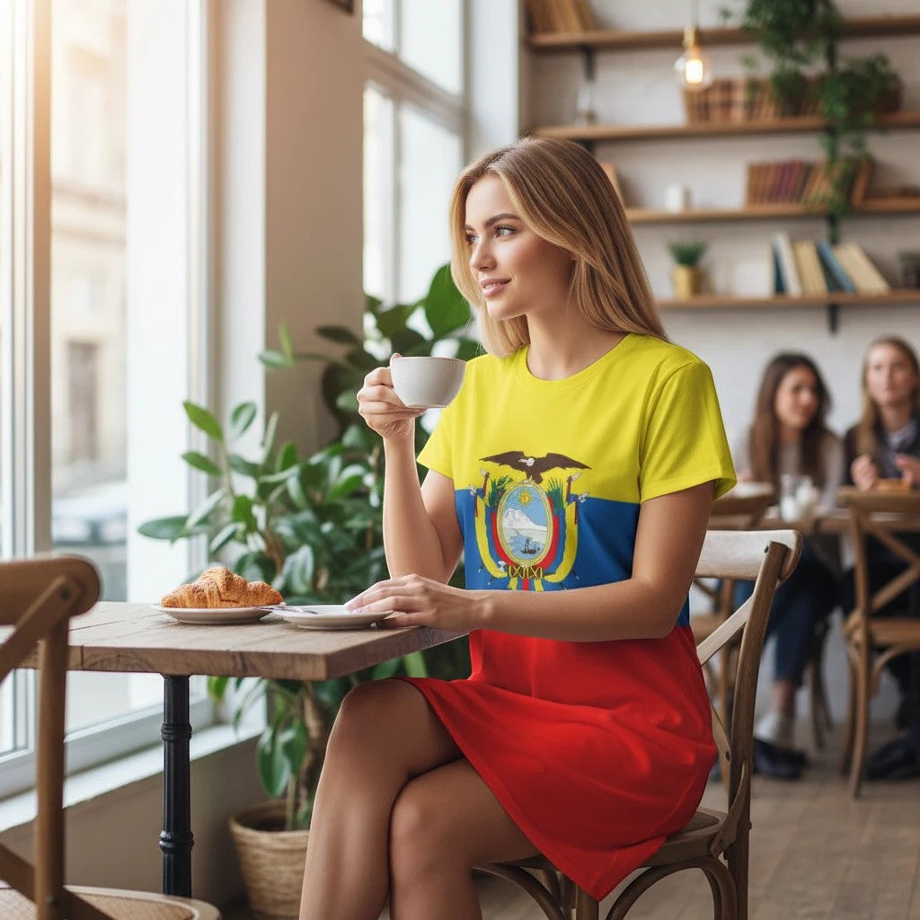 65 MCMLXV women's t-shirt dress with Ecuador flag print, yellow top, blue middle, and red skirt. Model sitting at a cafe table.