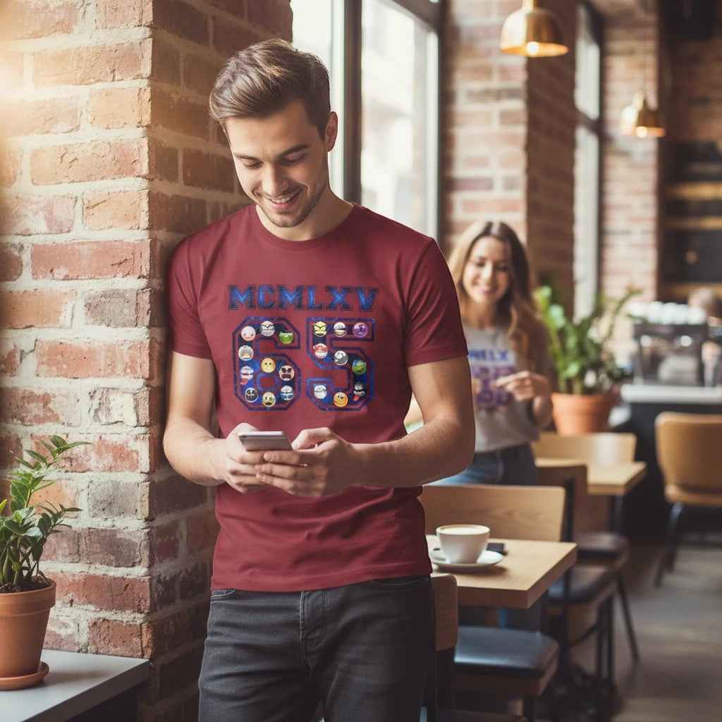 65 MCMLXV Men's Emoji Varsity Logo Graphic T-Shirt