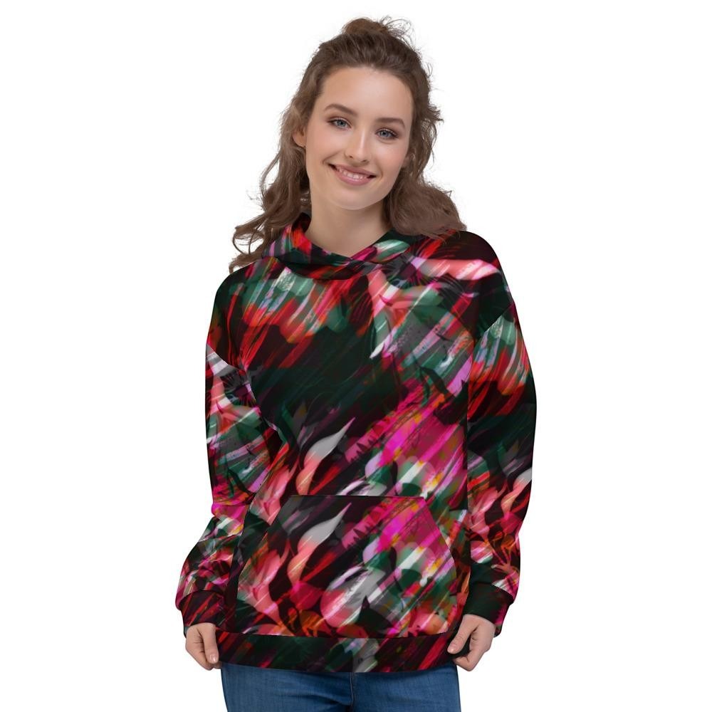 65mcmlxv women's paintbrush floral print fleece hoodie with pink, green, and black abstract design. Polyester blend.