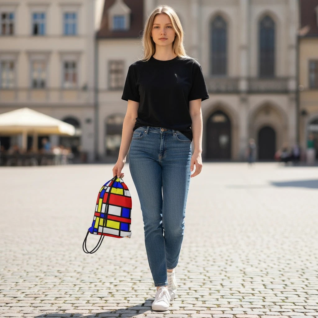 65mcmlxv Mondrian abstract geometric pattern drawstring backpack with red, blue, yellow, white, and black blocks.