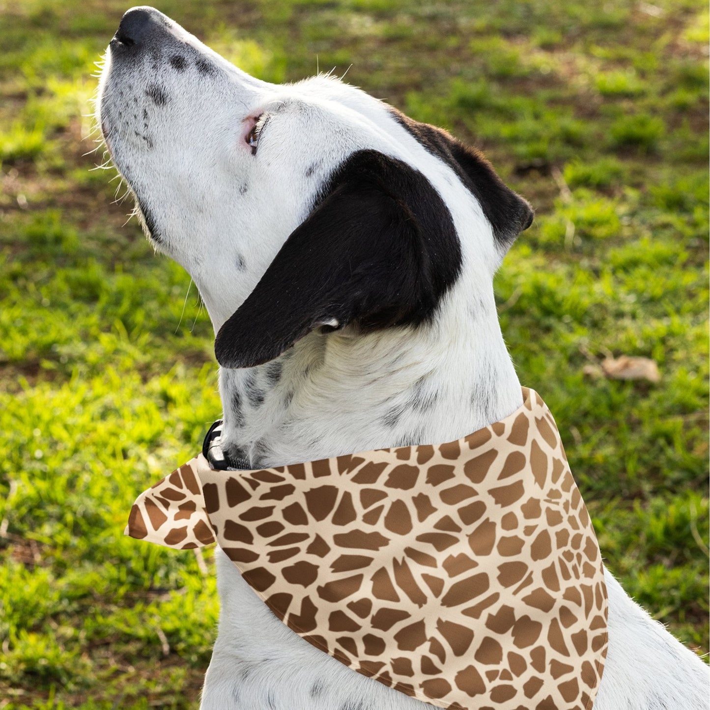 65mcmlxv white polyester pet bandana with giraffe print and hemmed edges.