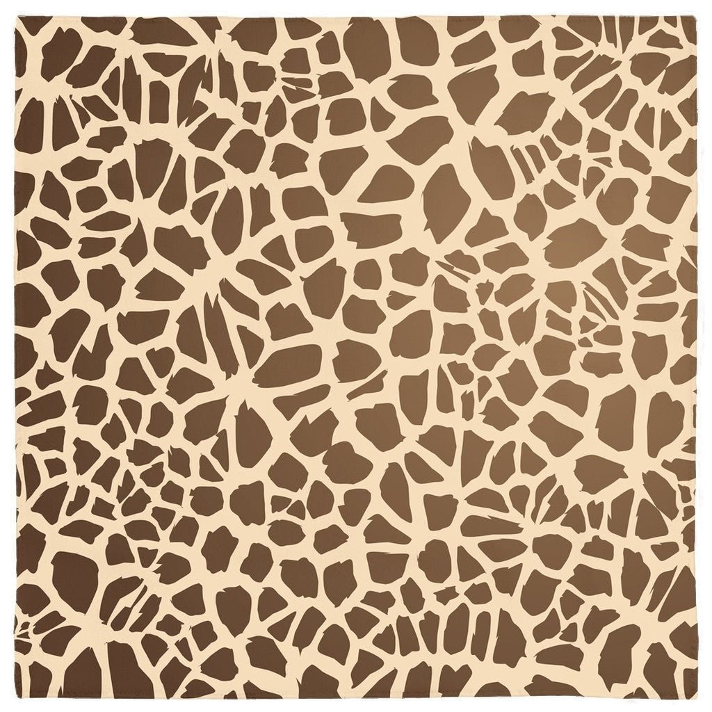 65mcmlxv white polyester pet bandana with brown giraffe print and hemmed edges.