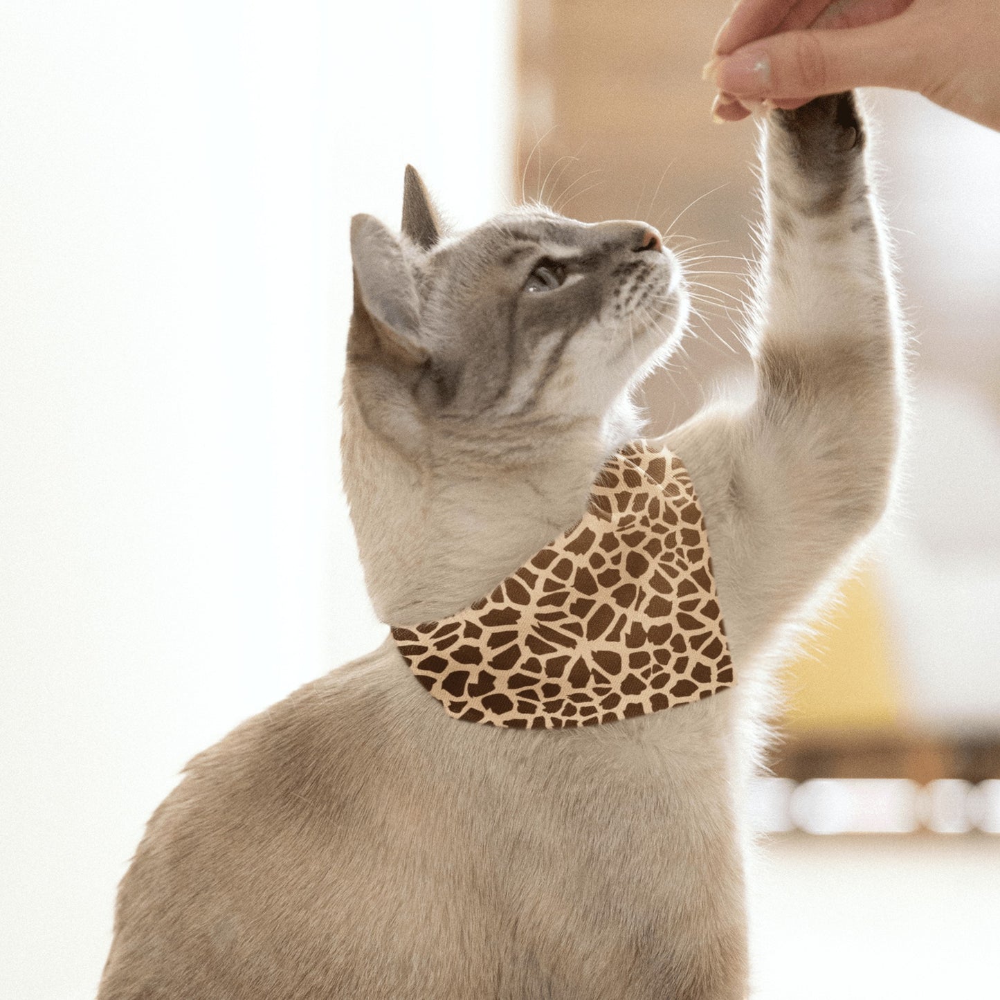 65mcmlxv white polyester pet bandana with brown giraffe print and hemmed edges.