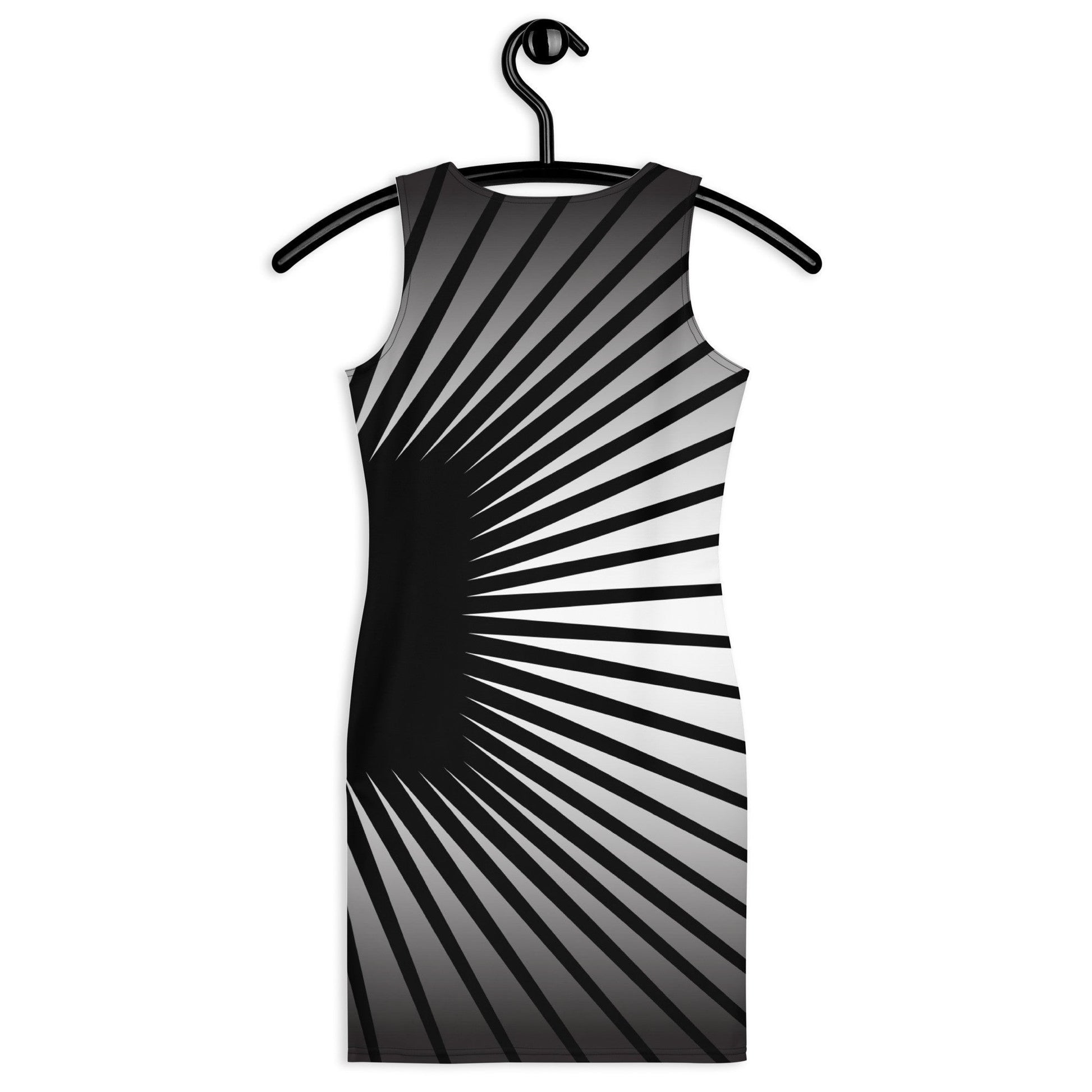 65mcmlxv black and white graphic print sleeveless bodycon dress with optical illusion effect.