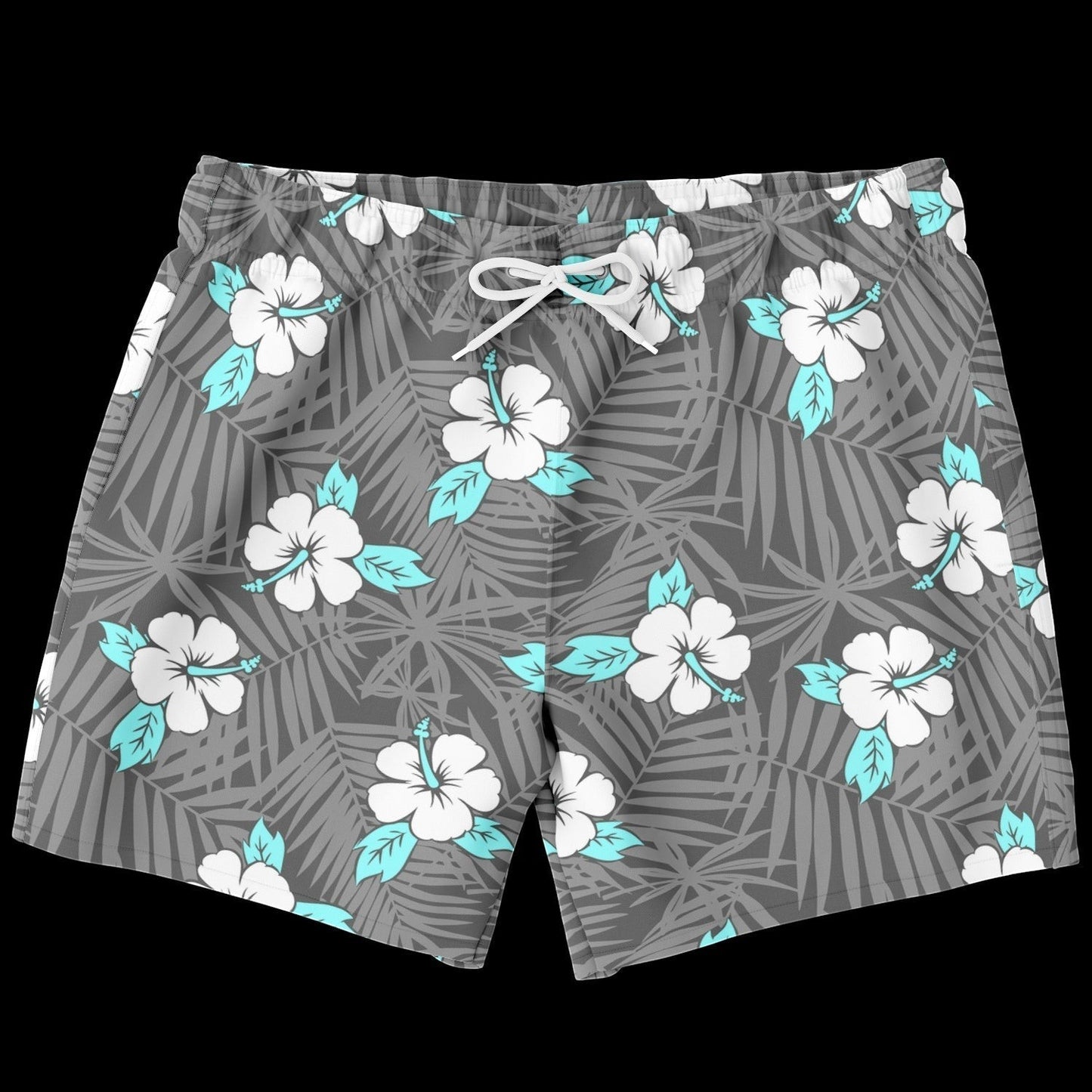 65mcmlxv Men's grey hibiscus tropical print swim trunks with white drawstring and mesh lining.