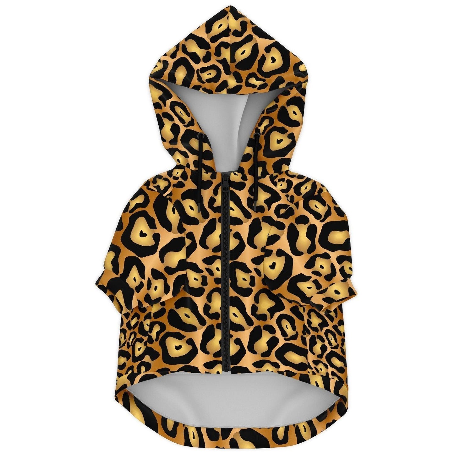 65mcmlxv leopard print dog zip hoodie with hood and back harness opening. Made of polyester and spandex.