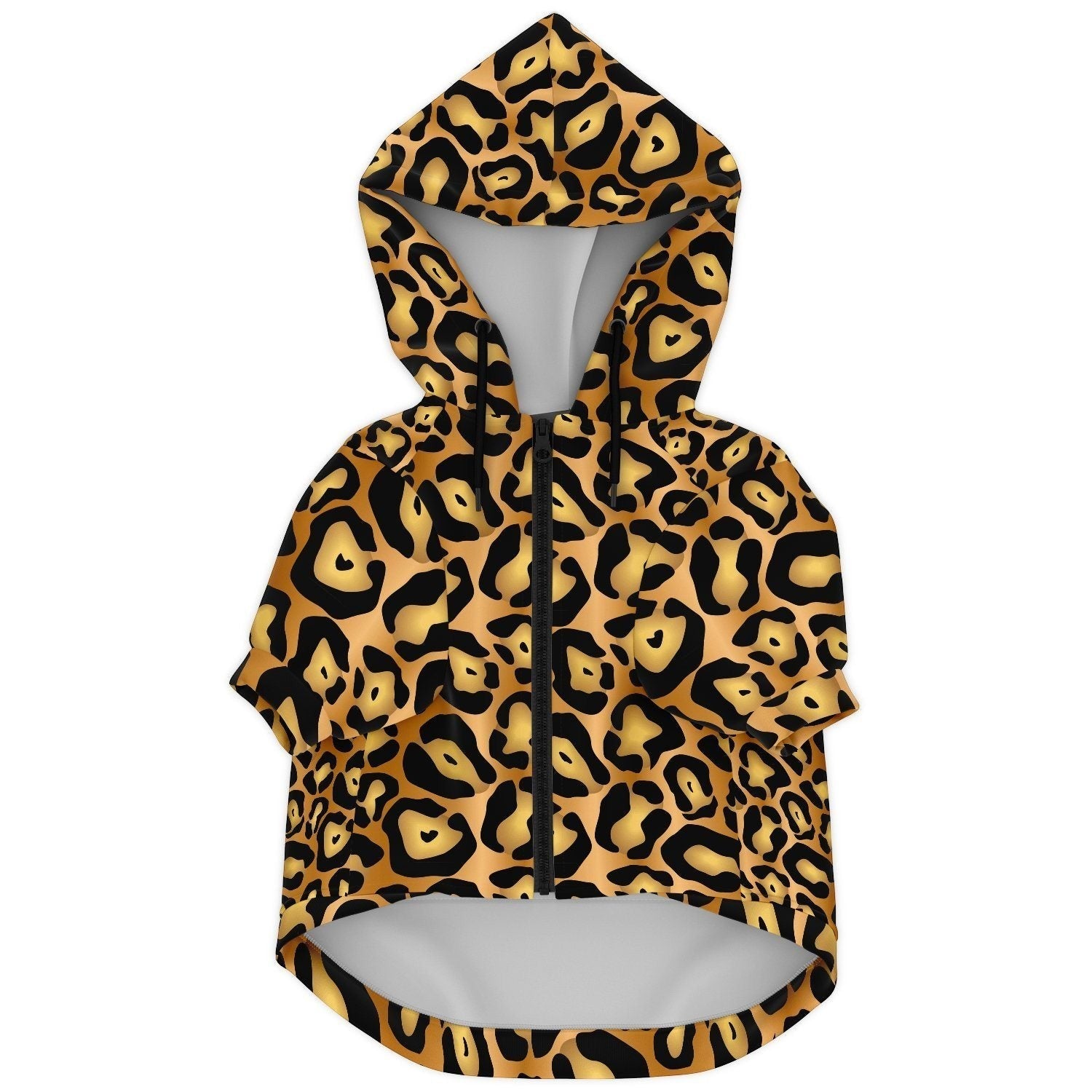65mcmlxv leopard print dog zip hoodie with hood and back harness opening. Made of polyester and spandex.