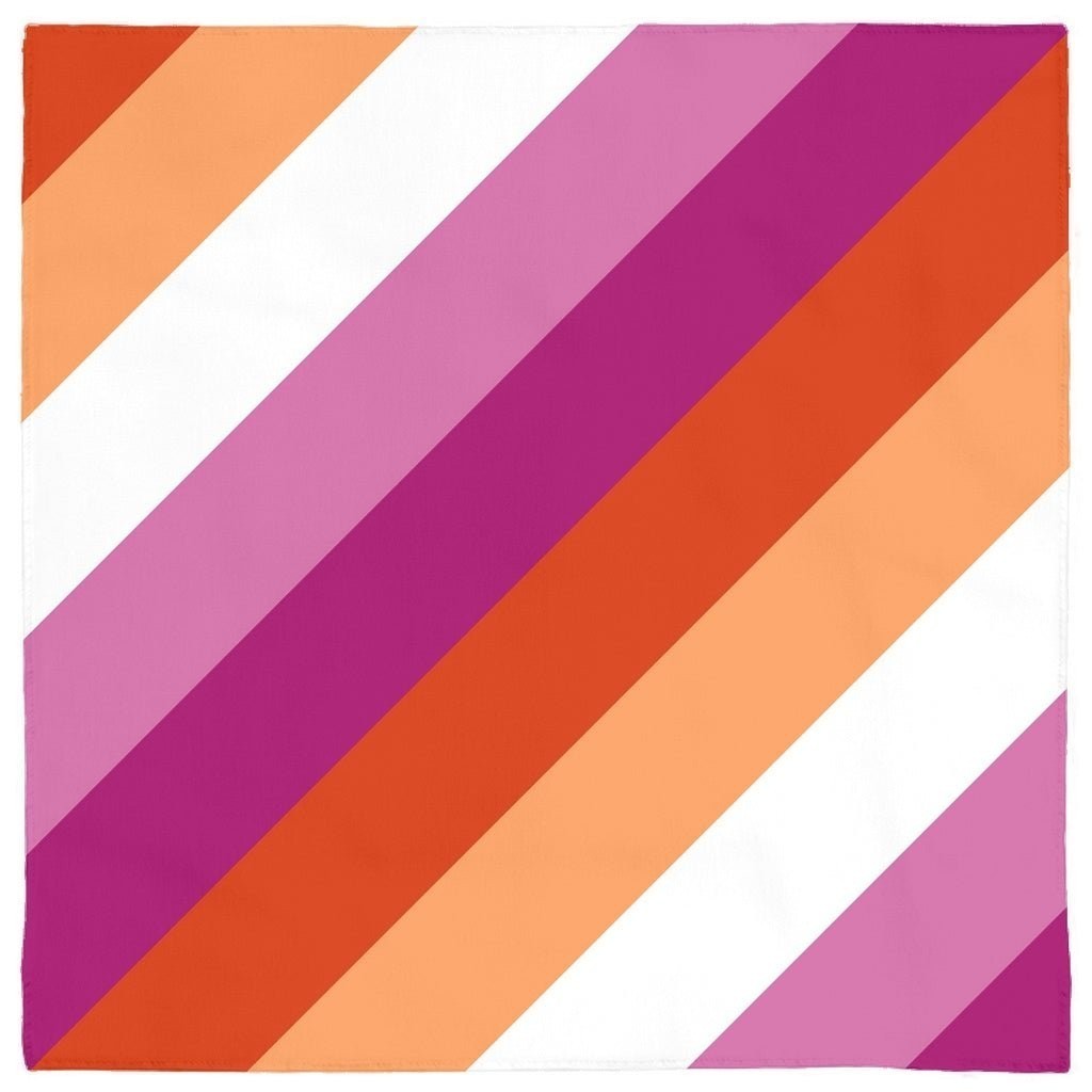 65mcmlxv lesbian pride sunset flag print pet bandana with diagonal stripes in pink, orange, and white.