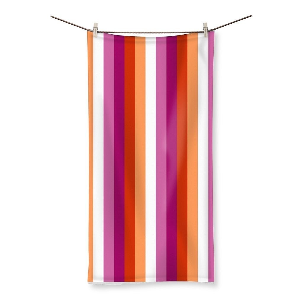 65mcmlxv Lesbian Pride Sunset Flag Beach Towel, polyester and cotton blend, striped in pink, orange, and white.