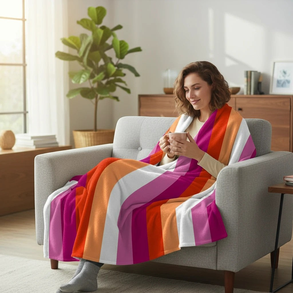 65mcmlxv Lesbian Pride Sunset Flag Print Throw Blanket in pink, orange, and white stripes. 100% polyester.