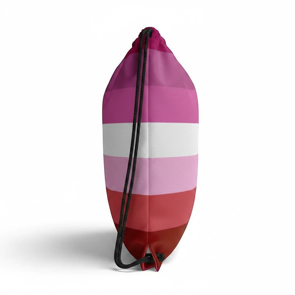 65mcmlxv Lesbian Pride flag print drawstring bag with pink, white, and red stripes. 100% spun polyester.