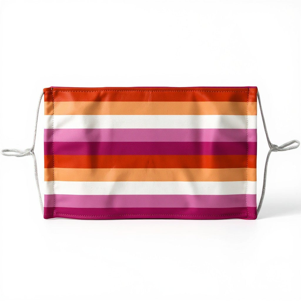 65 MCMLXV LGBT lesbian pride sunset flag print face mask with adjustable ear loops and nose crimps.