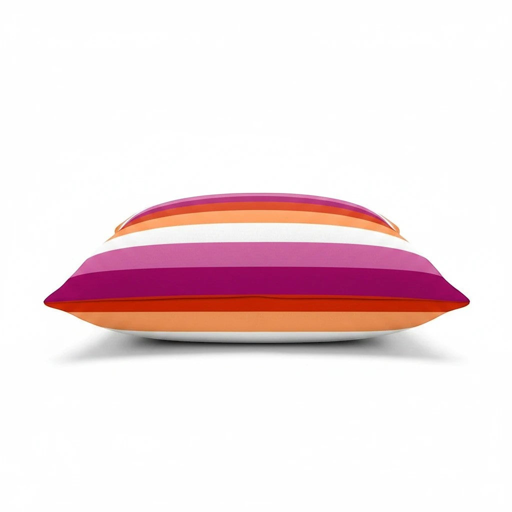 65mcmlxv Lesbian pride sunset flag striped pillow cover in pink, orange, and white.