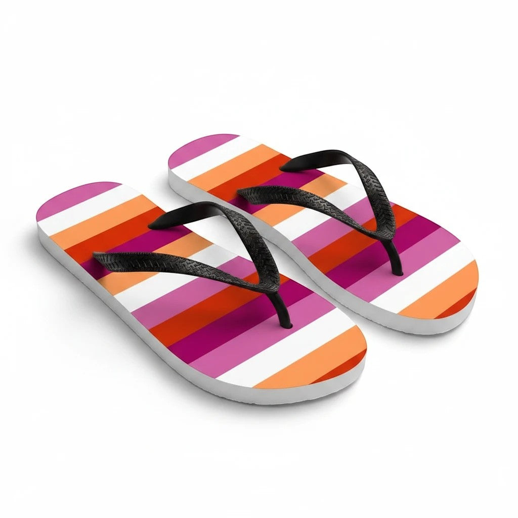 65mcmlxv Lesbian Pride Sunset Flag adult flip flops with white, pink, orange, and red stripes and black straps.