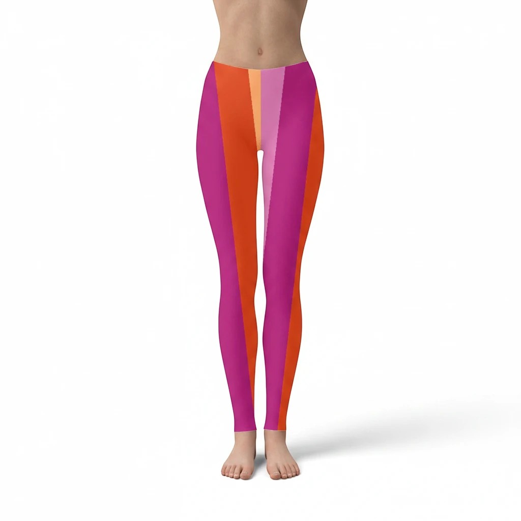 65 MCMLXV women's leggings with a sunset flag print in pink, orange, and purple stripes. Made from polyester and spandex.