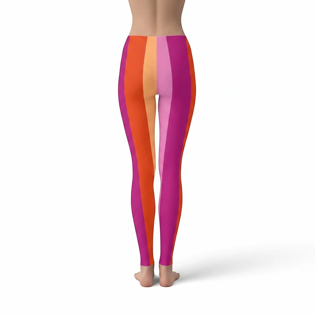 65 MCMLXV women's leggings with lesbian pride sunset flag stripes in pink, orange, and purple. Made from polyester and spandex.