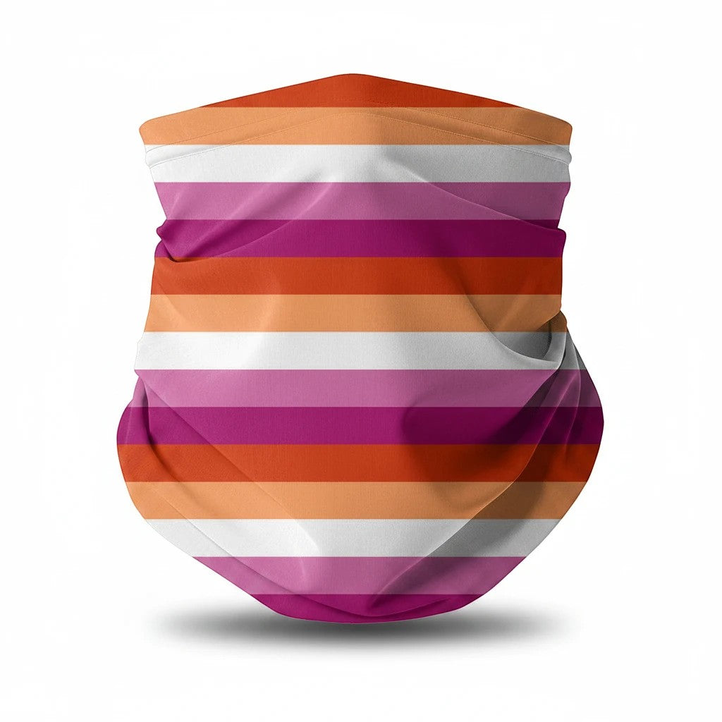 65mcmlxv Lesbian Pride Sunset Flag print neck gaiter with orange, pink, white, and purple stripes.