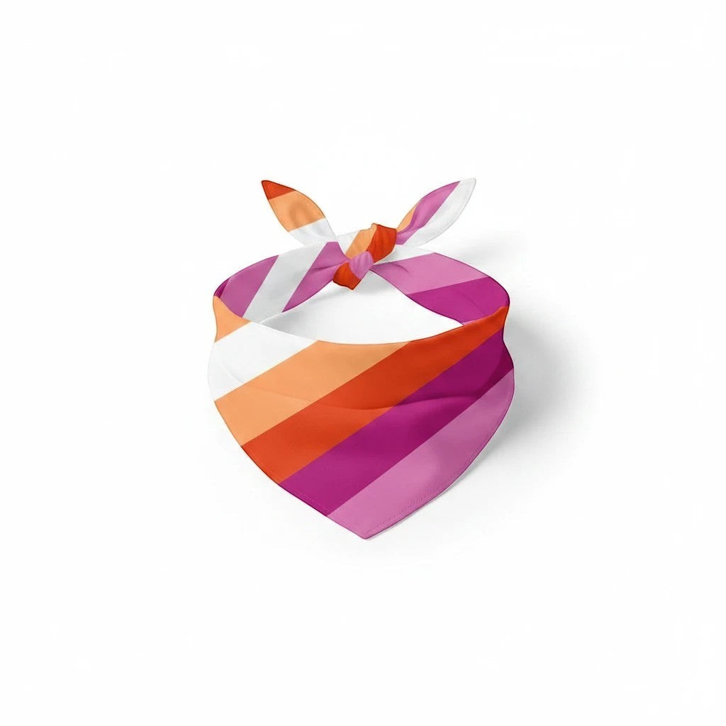 65mcmlxv pet bandana with lesbian pride sunset flag print. Features stripes of pink, orange, and white.