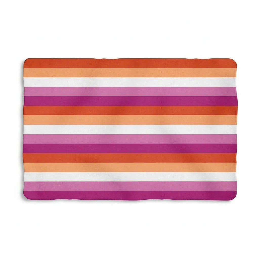 65mcmlxv Lesbian pride sunset flag print pet blanket in orange, pink, and white stripes. 100% polyester polar fleece.