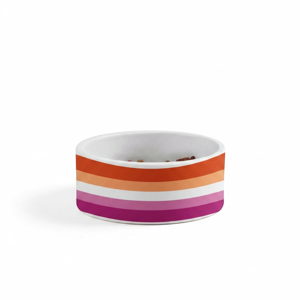 65mcmlxv ceramic pet bowl with lesbian pride flag sunset stripes. Dishwasher safe, 39 fl.oz capacity.