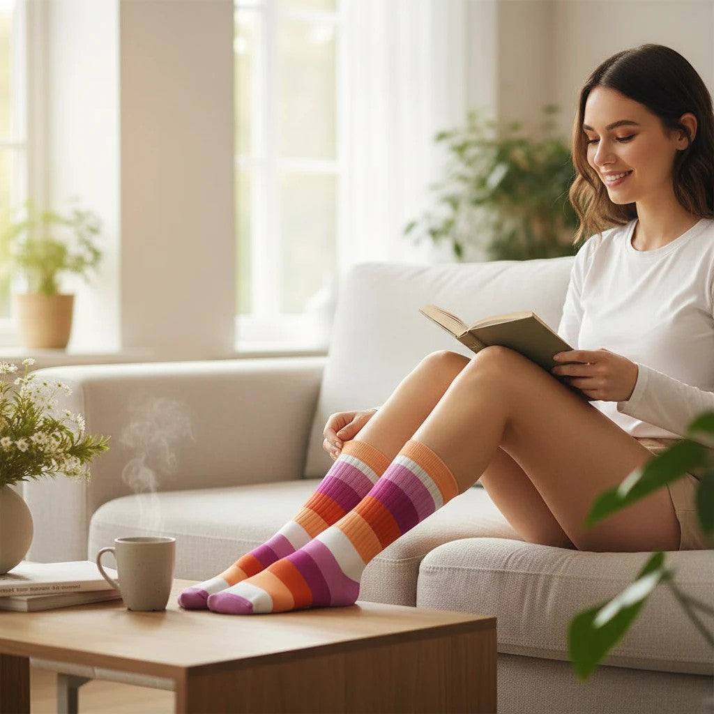 65mcmlxv women's polyester tube socks with lesbian pride sunset flag stripes in orange, pink, purple, and white.