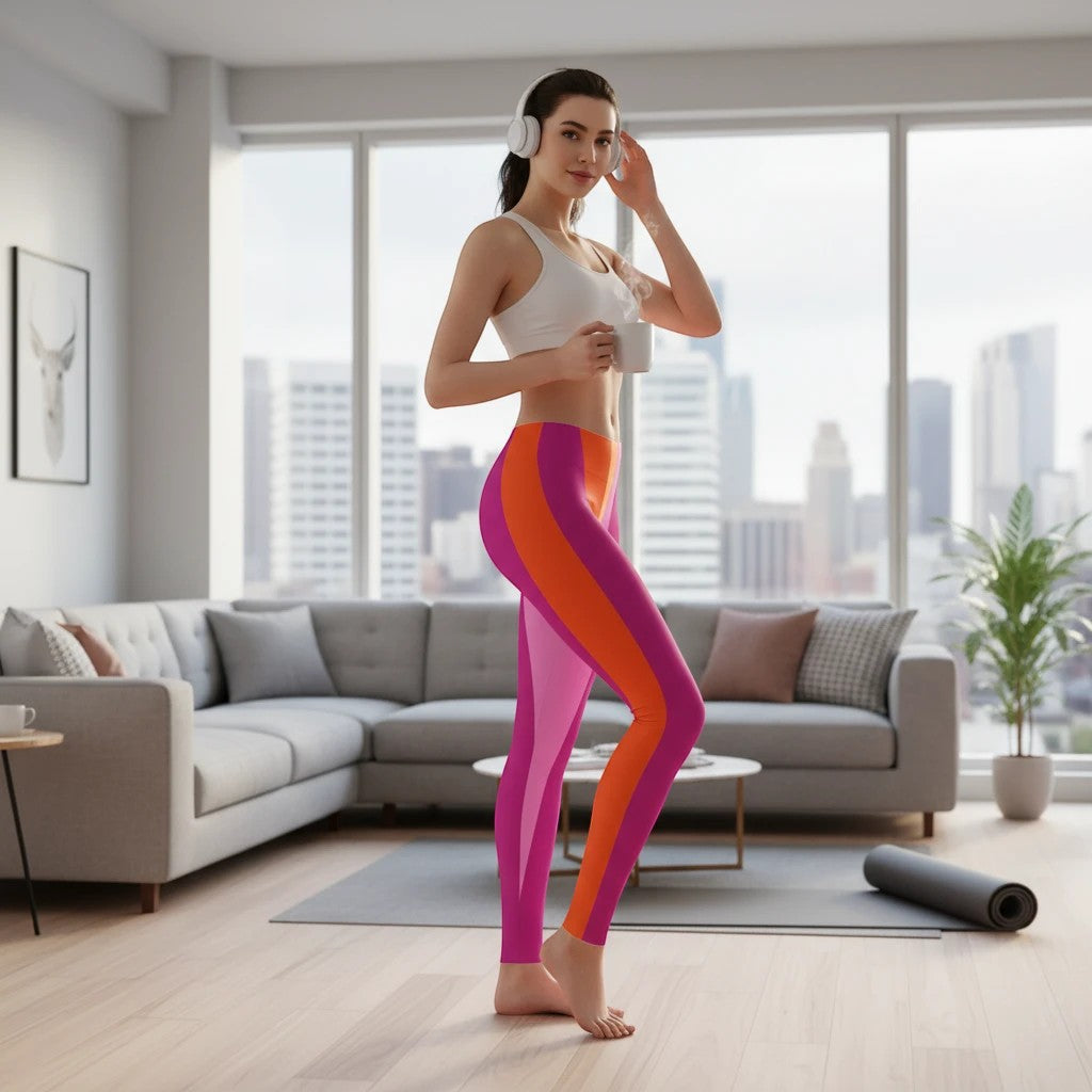 65 MCMLXV women's pink, orange, and purple striped leggings with an elastic waistband, made from polyester and spandex.