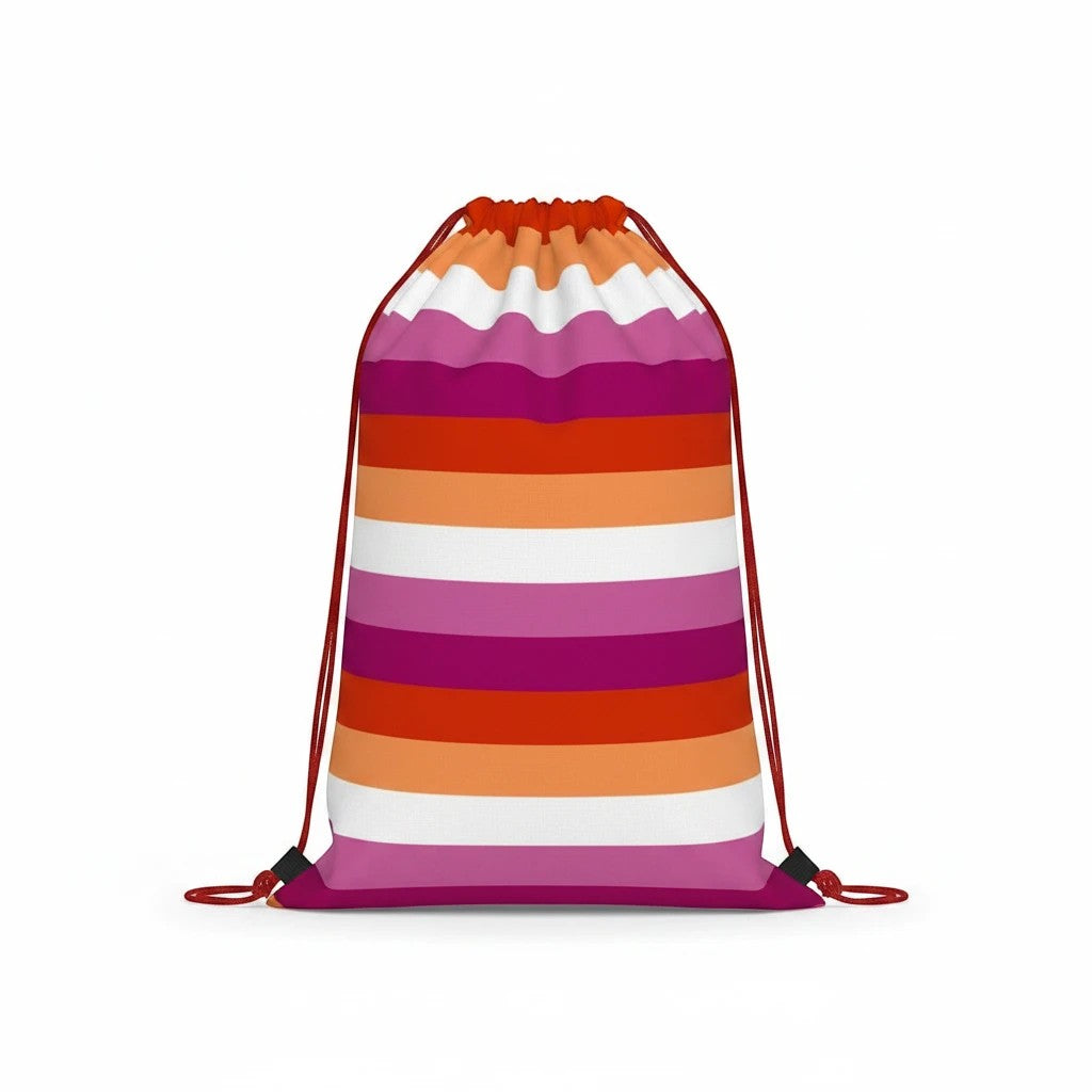 65mcmlxv Lesbian Pride Sunset Flag drawstring sack bag with orange, white, pink, and red stripes.