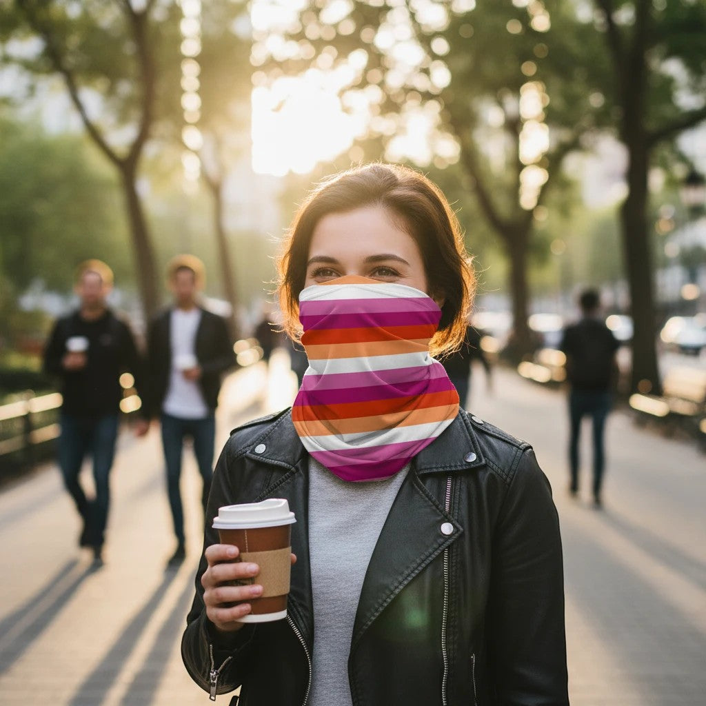 65mcmlxv Lesbian Pride Sunset Flag print neck gaiter with filter pocket, made from polyester and lycra blend.