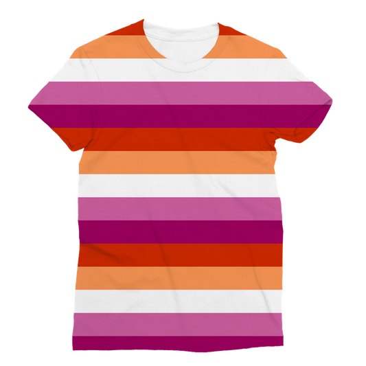 65mcmlxv women's short sleeve crew neck t-shirt with lesbian pride sunset flag print. Made of polyester.