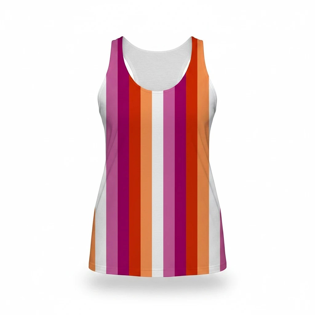 65mcmlxv women's sleeveless tank top with lesbian pride sunset flag print. 100% polyester.