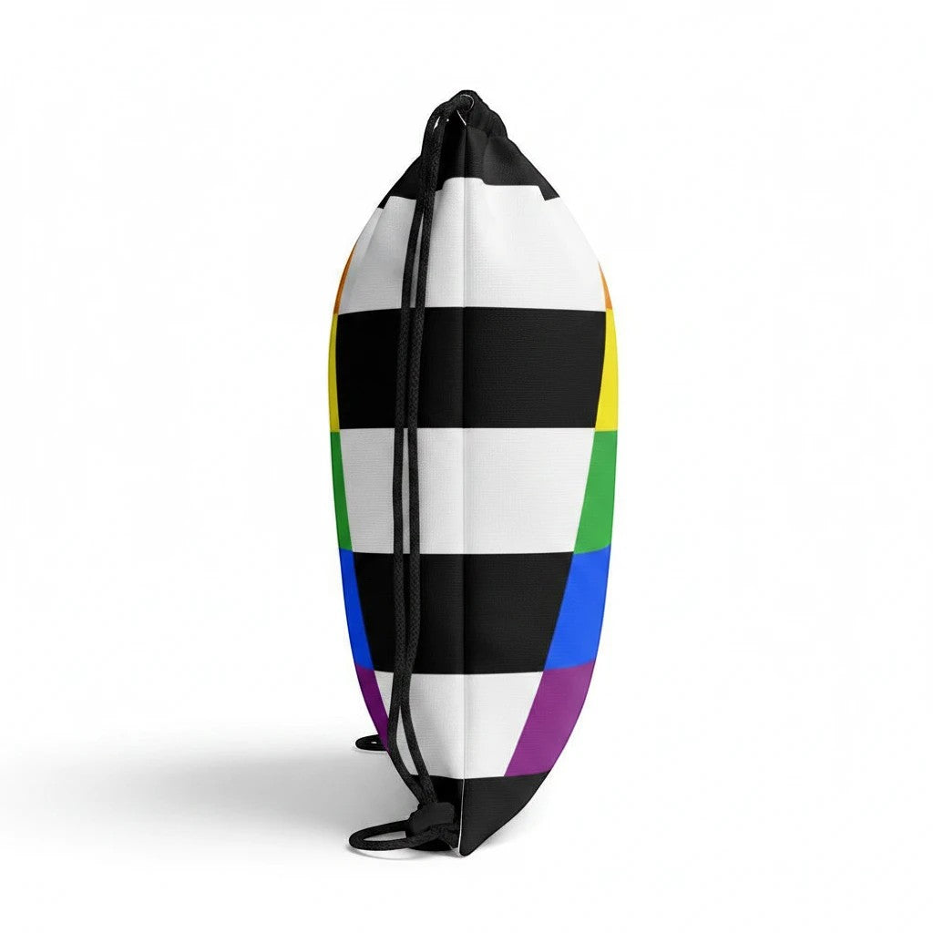 65mcmlxv LGBT Straight Ally Flag Print Drawstring Bag with black and white checkered pattern and rainbow stripes. 100% polyester.