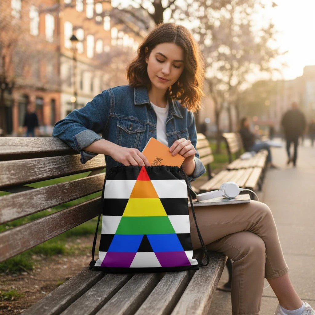 65mcmlxv LGBT straight ally flag print polyester drawstring bag with rainbow triangle on black and white stripes.